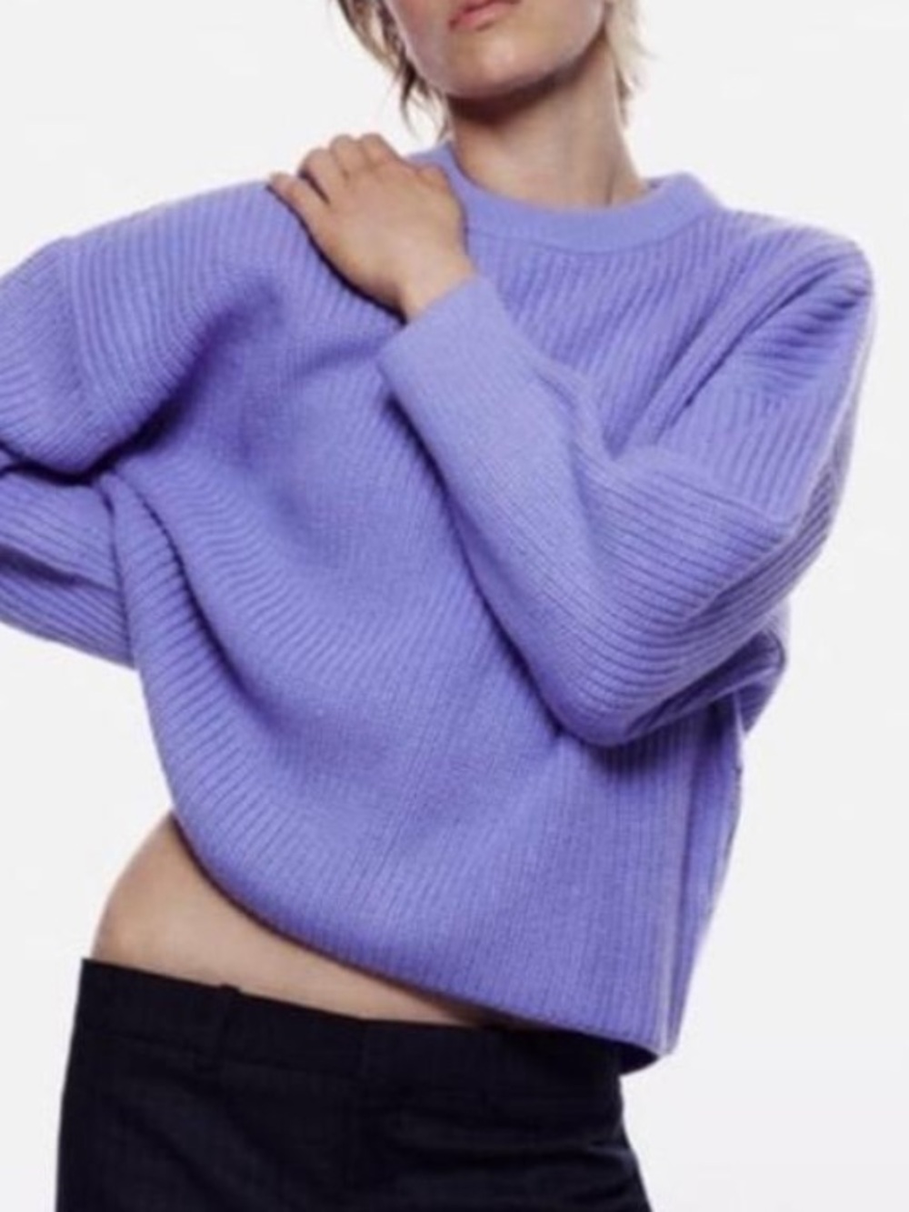 Zara Purple Periwinkle Ribbed Knit Crewneck Sweater